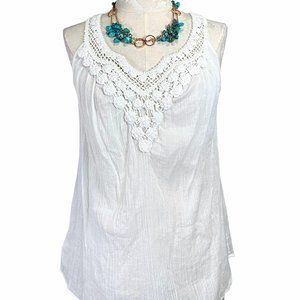 RL Chaps Denim White Crochet Tank Top Women's Small